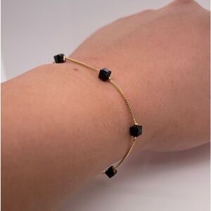 Black CZ Cube Charm Gold-link Bracelet